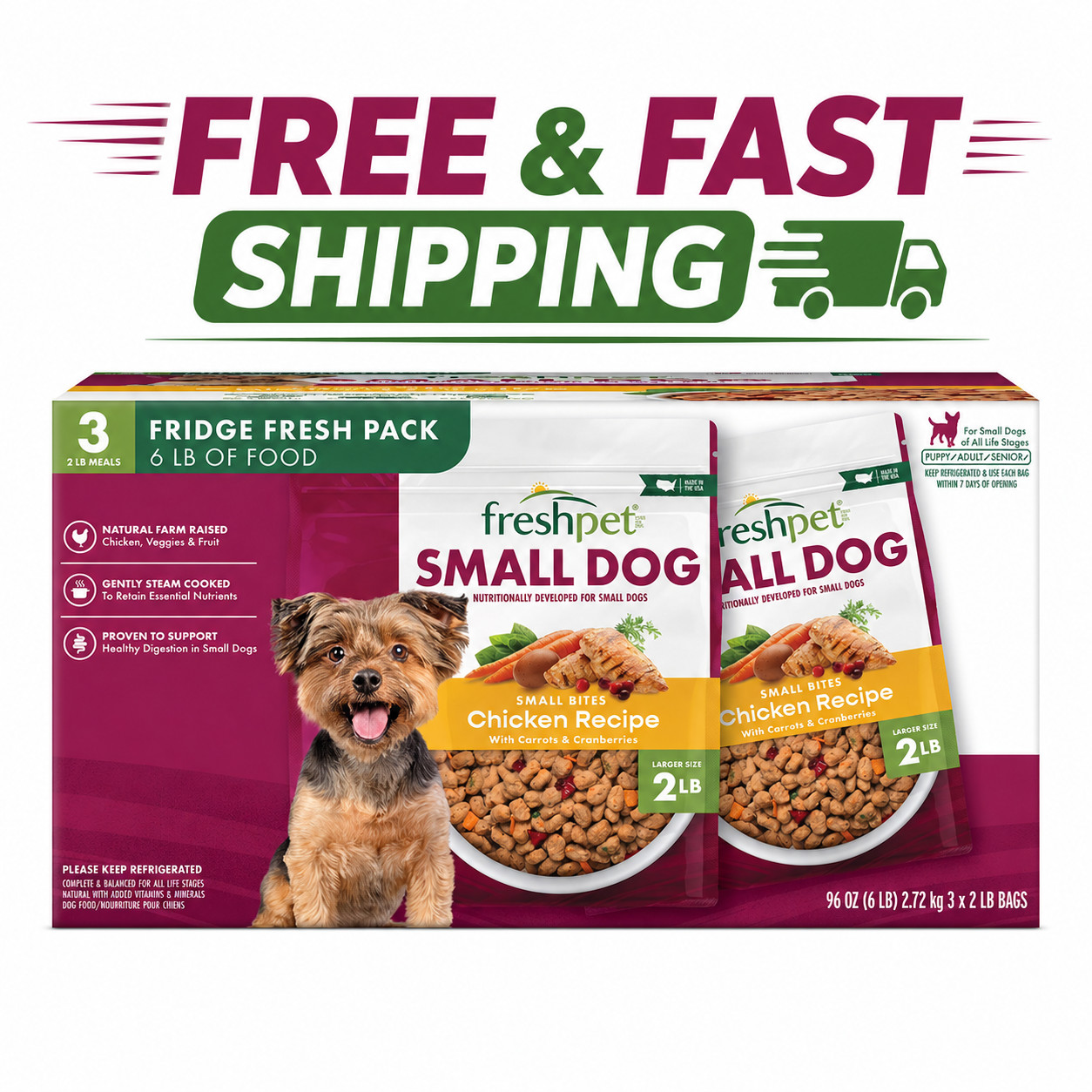 Freshpet Small Dog Chicken Recipe Fresh Food 6 lb (3×2 lb Bags) Fridge Fresh Pac