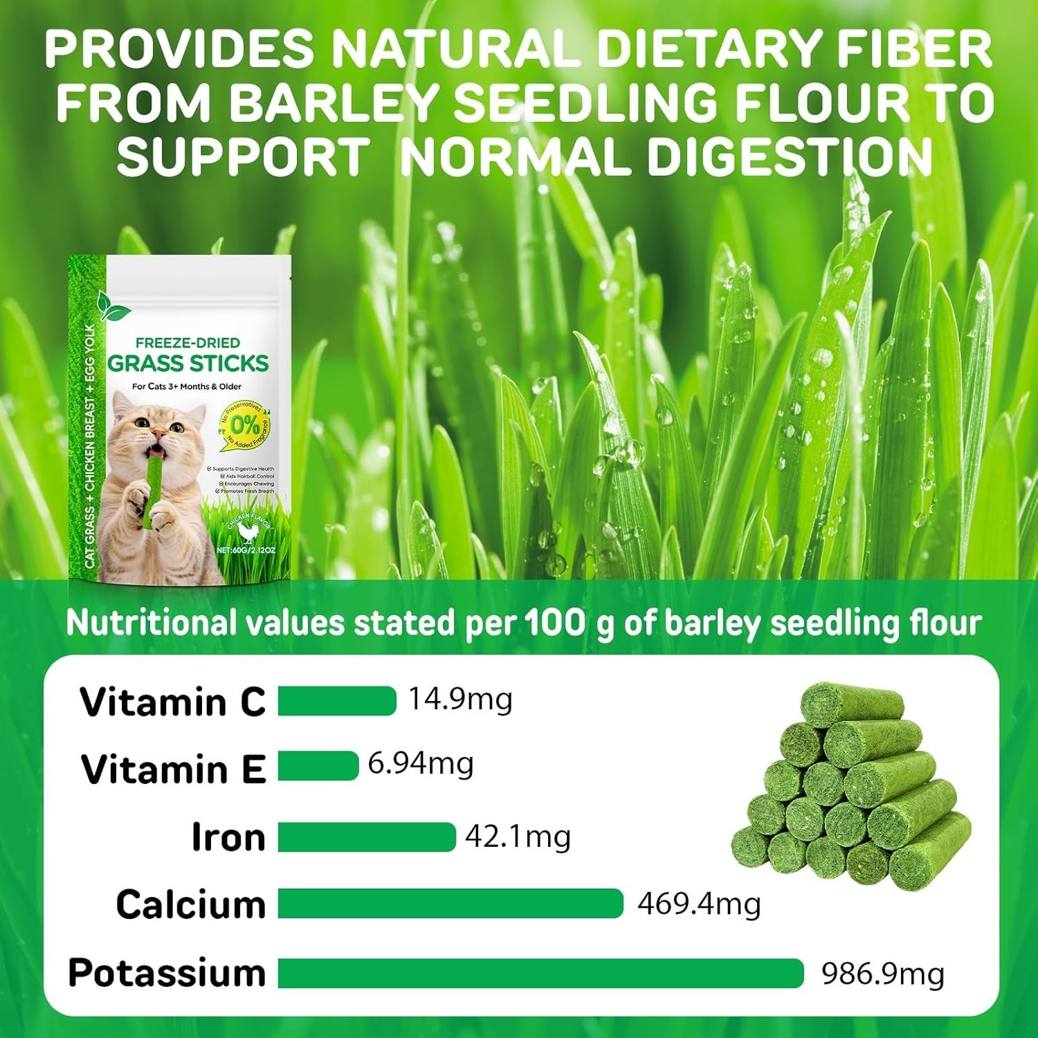 60g Cat Grass Sticks, Fresh & Delicious Freeze-Dried Cat Grass Treats Edible Cat