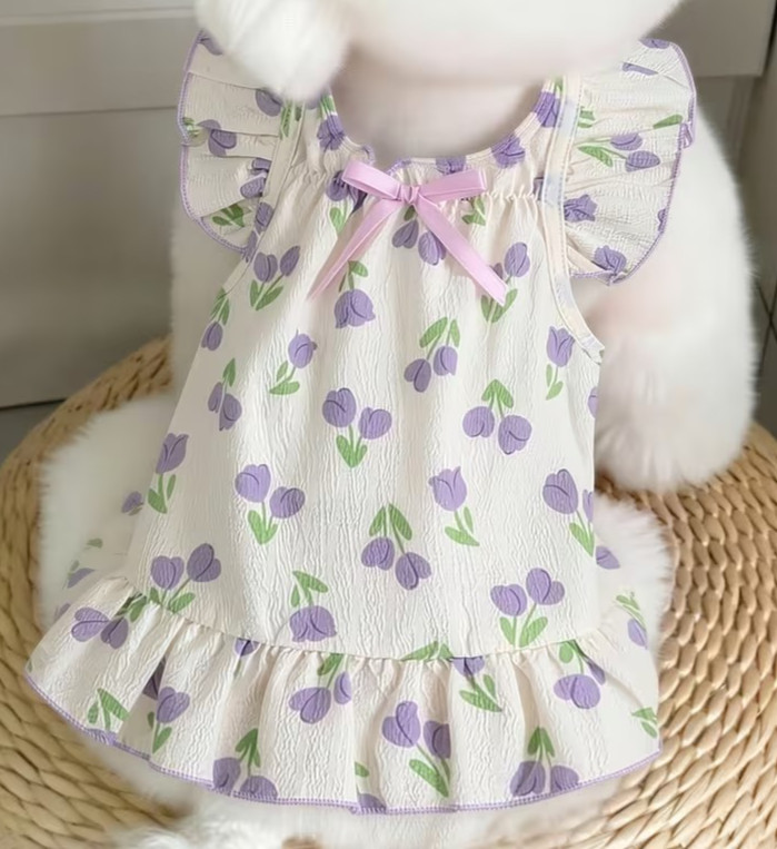 Medium Pet Dog Dress Vanilla with Lavender Tulips Lightweight Elastic Tummy