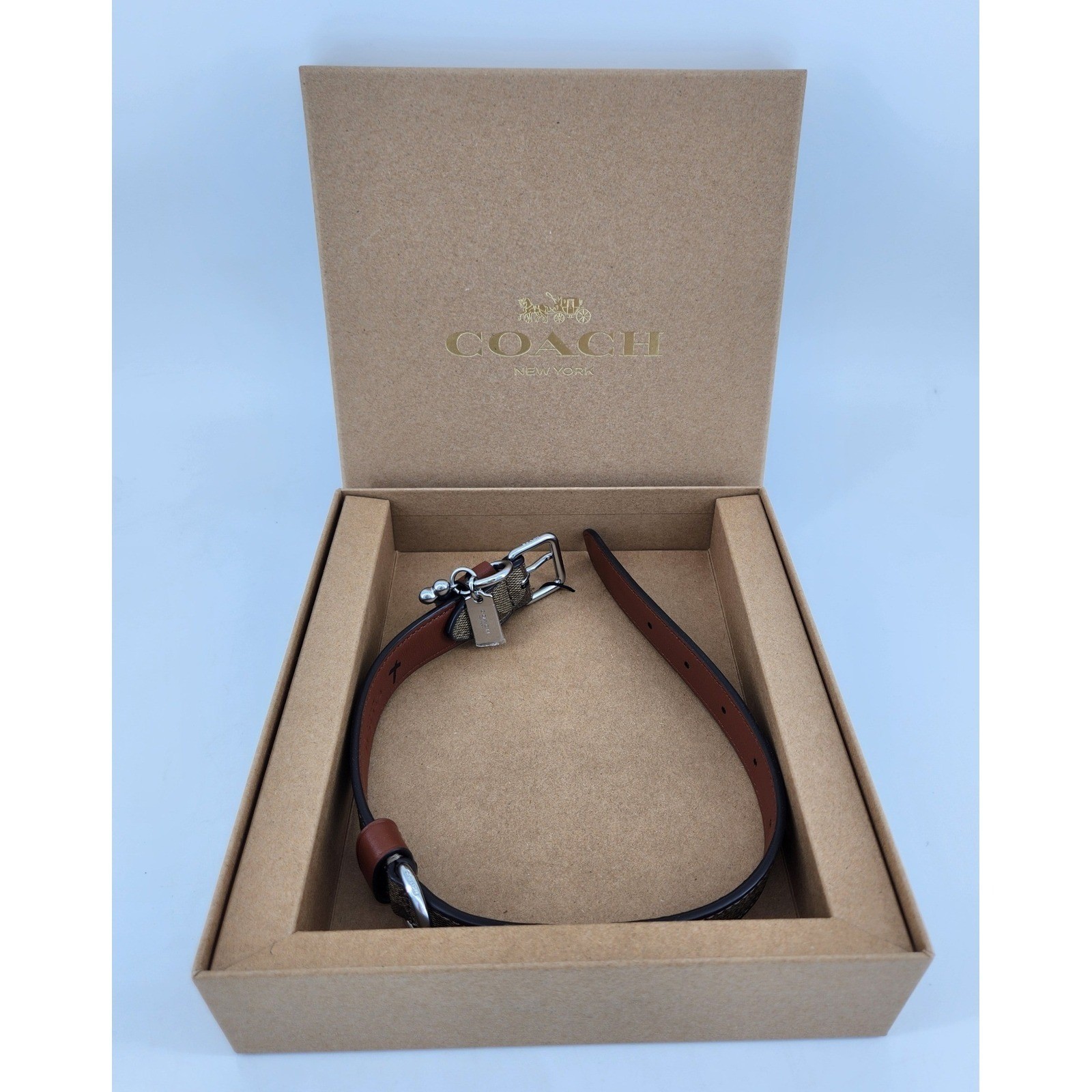 New Coach Dog Collar Medium Khaki Saddle Signature Canvas Leather CH146 J2392