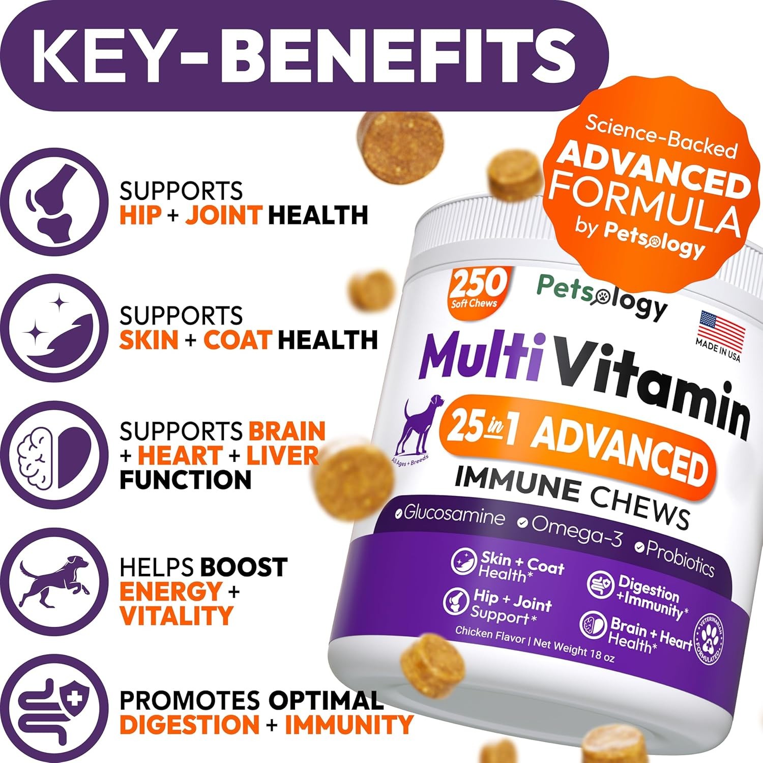 25-in-1 Advanced Dog Vitamins & Supplements 250 Immune Chews Glucosamine Omega-3