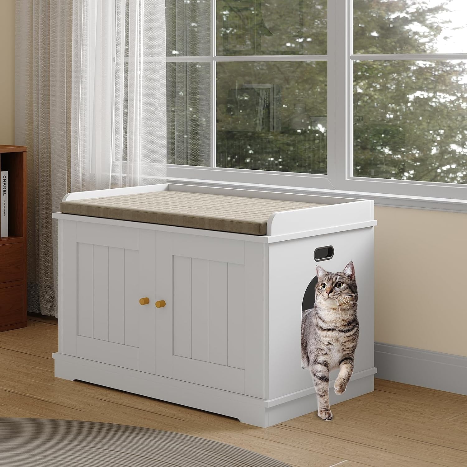 Cat Litter Box Enclosure Furniture Cat Washroom Hidden Litter Box Cabinet White