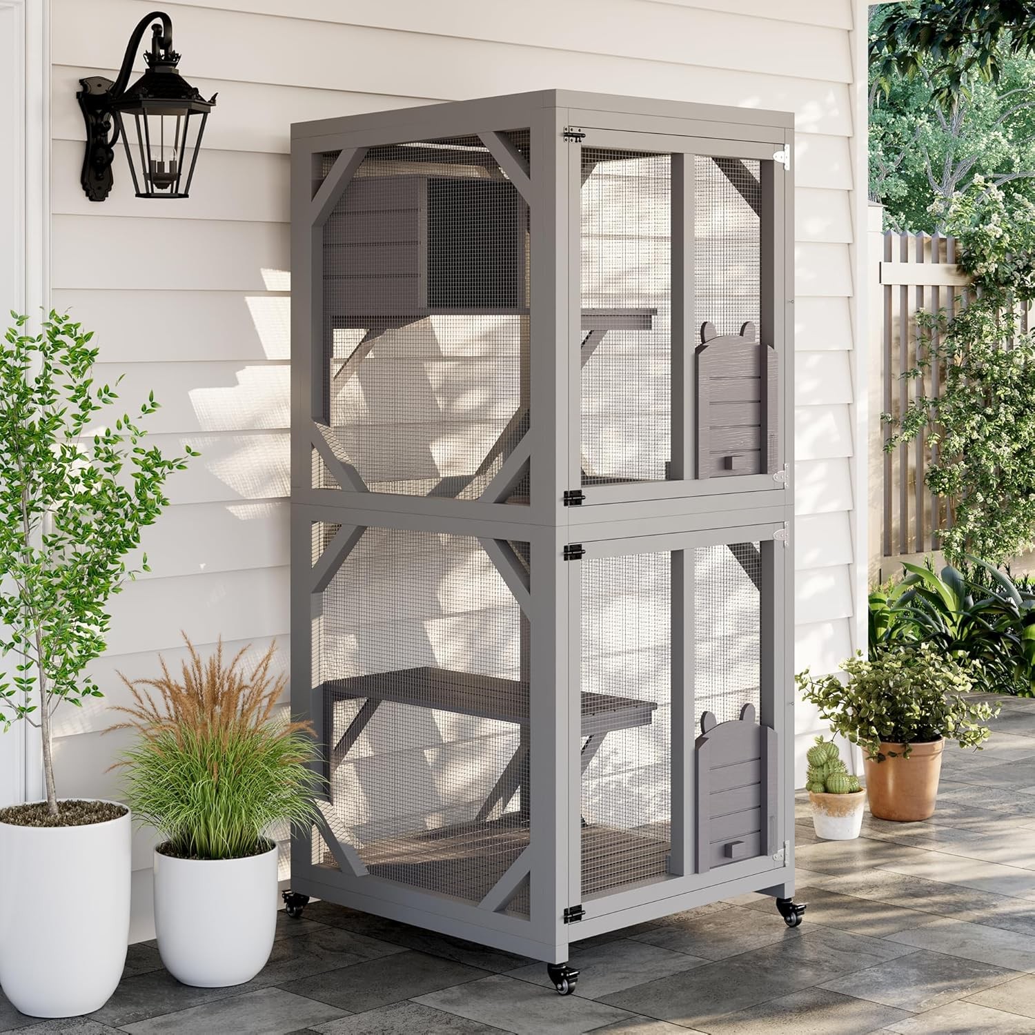 Wooden Cat Catio Outdoor Enclosure w/ Window, Scratching Post, 3 Platforms