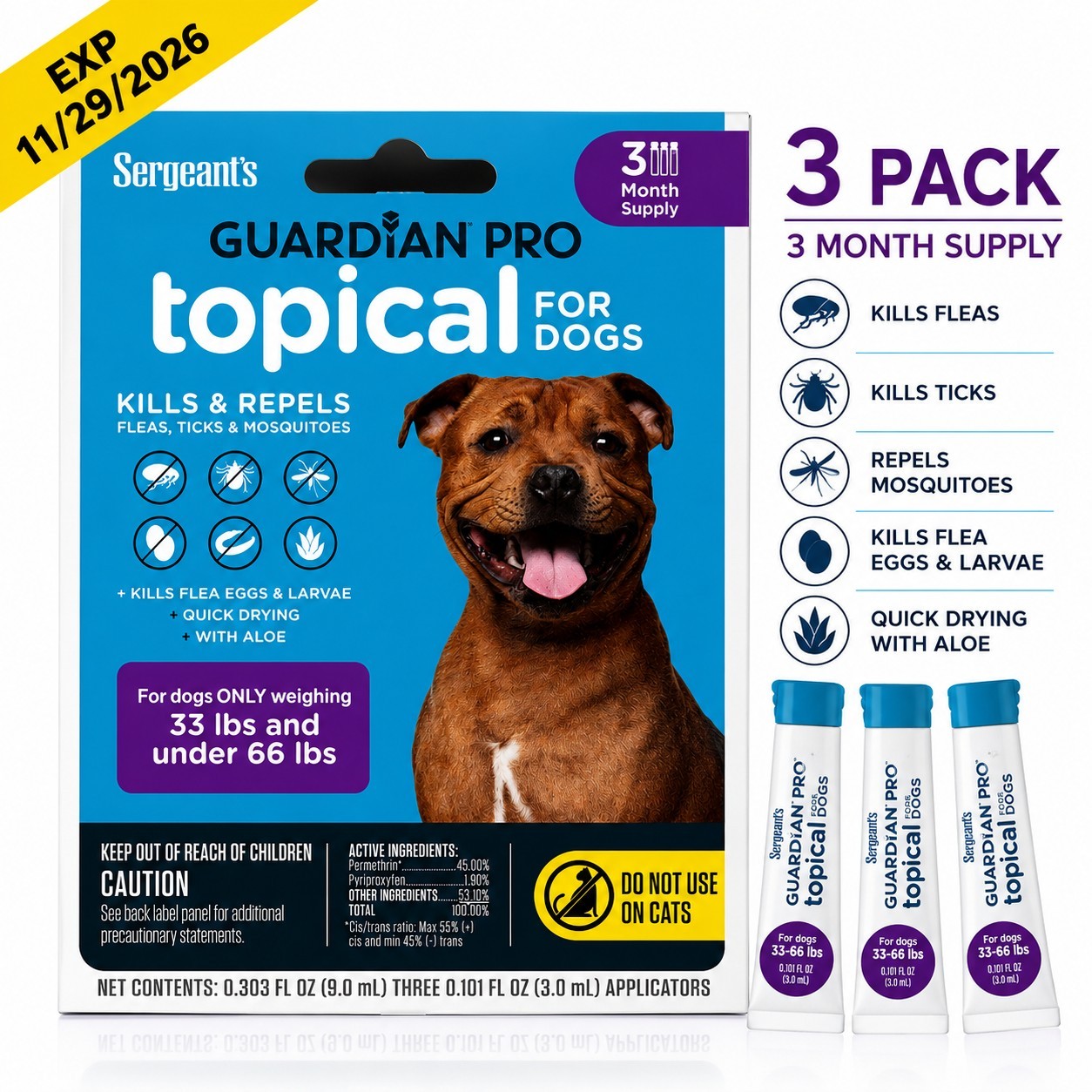 Sergeant’s Guardian Pro Topical Treatment for Dogs 33lbs to 66lbs 3-month supply