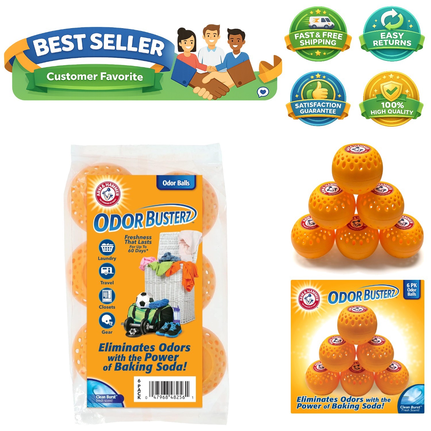 6-Pack Arm & Hammer Odor Busterz Balls – Clean Burst Scent, 60 Days Fresh