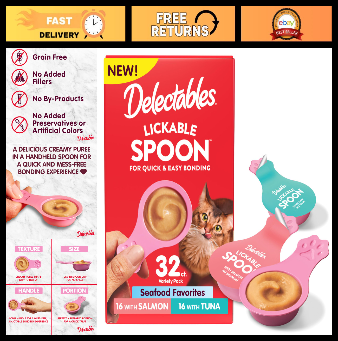 Lickable Wet Cat Treats – Salmon & Tuna Puree, Grain-Free, Mess-Free, 32ct Varie