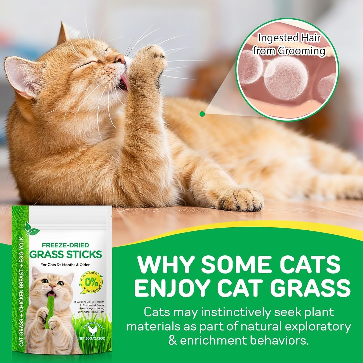 60g Cat Grass Sticks, Fresh & Delicious Freeze-Dried Cat Grass Treats Edible Cat