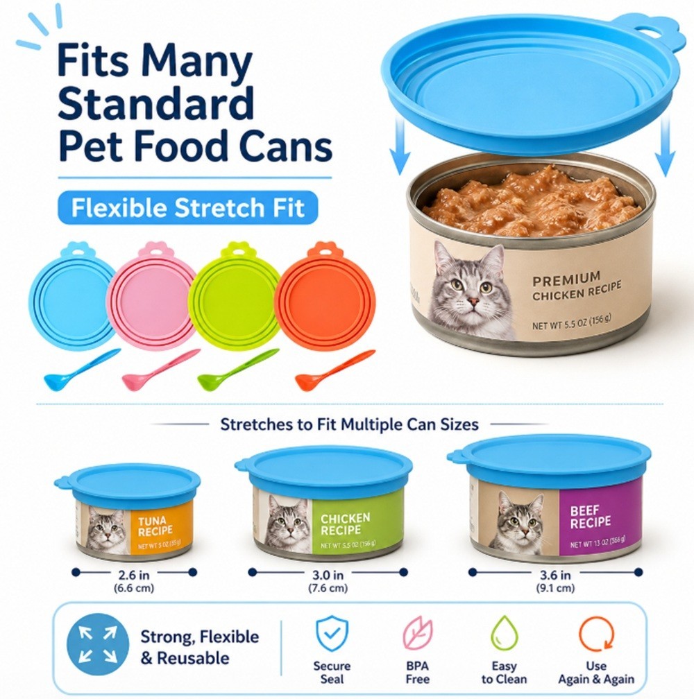 4 Ps Pet Food Can Cover Set w Spoon-Silicone Can Lids for Dog & Cat Food Storage