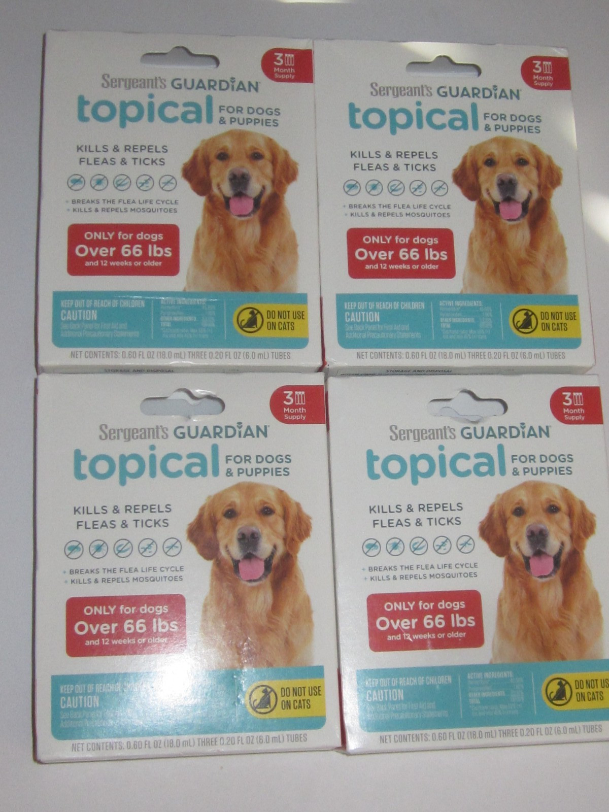 4x Sergeant’s Guardian Topical For Dogs 66 LBS and Up Fleas & Ticks 3 Month