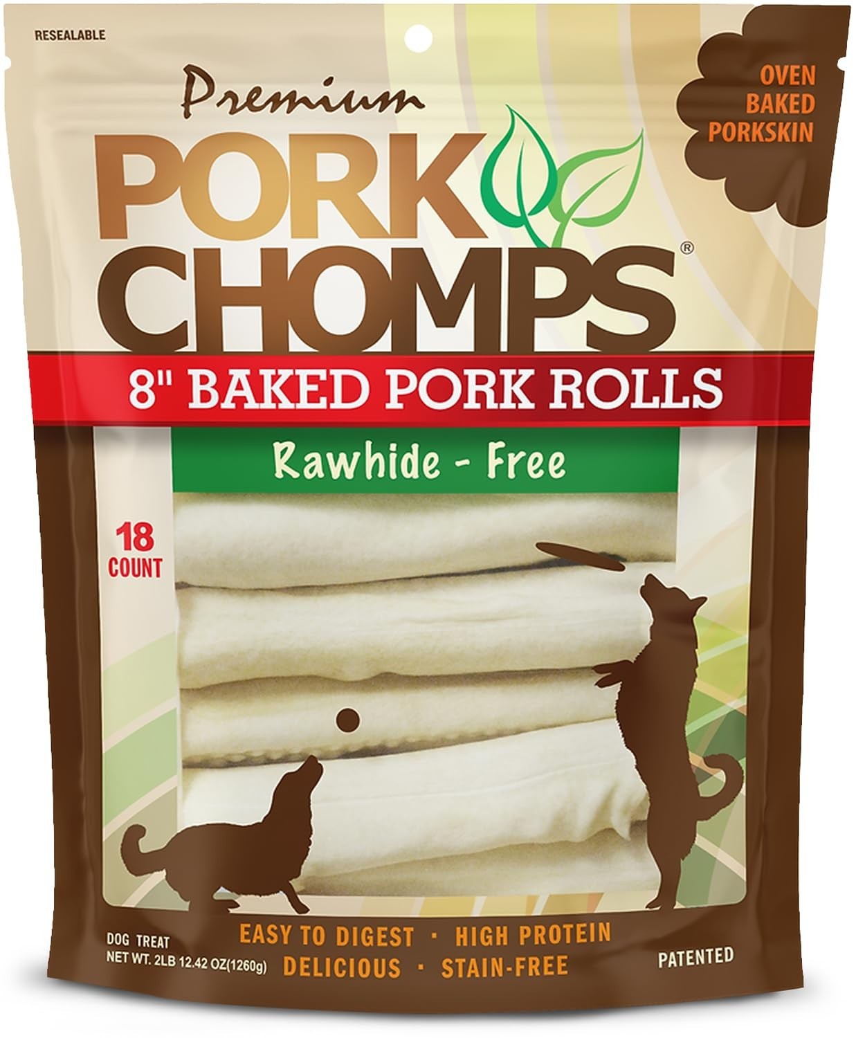 Pork Chomps Baked Pork Rolls Dog Treats 8 in 8 INCH 18 count PACK U5