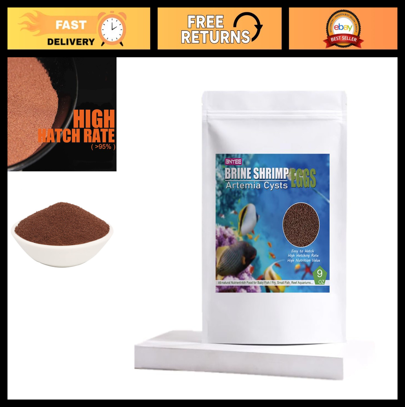 Premium Brine Shrimp Eggs for Fish & Fry – 90% Hatch Rate, 9 OZ Aquatic Food