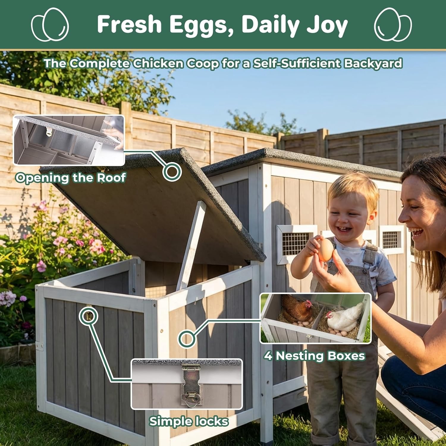 PETSCOSSET 62″Chicken Coop for 2-4 Chickens,Large Hen House with 4 Nesting Boxes