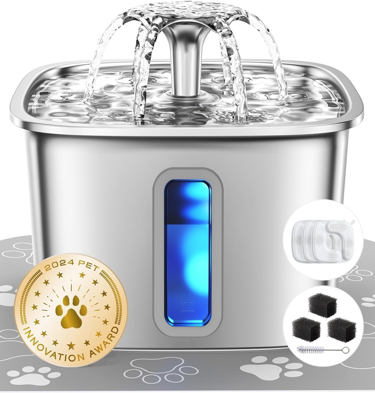 Veken Innovation Award Winner Stainless Steel Cat Water Fountain, 95Oz/2.8L Auto