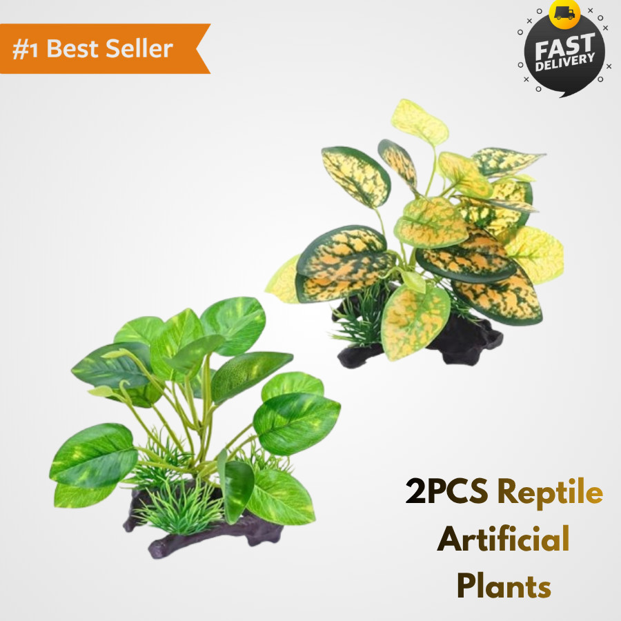 2 Pcs Green Yellow Artificial Reptile Plants Terrarium Decor