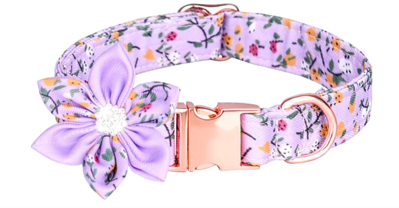 Dog Collar, Purple Flower Rhinestone with Removable Bow Rose Gold Buckle, S M L