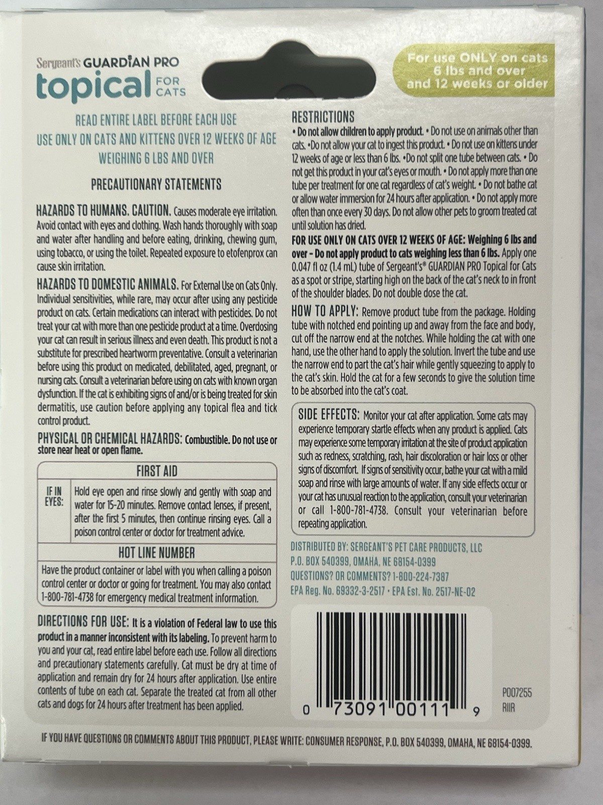 Sergeant’s Guardian Pro Topical Flea Tick Treatment for Cats 6 Lbs, 3-Pack