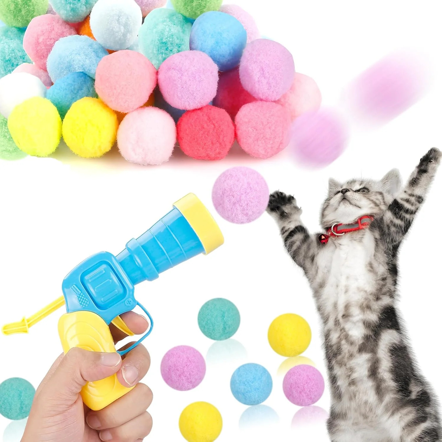 MeoHui 31Pcs Cat Ball Toy Launcher Gun,Cat Balls Fetch Toy,30Pcs Plush Fuzzy Bal
