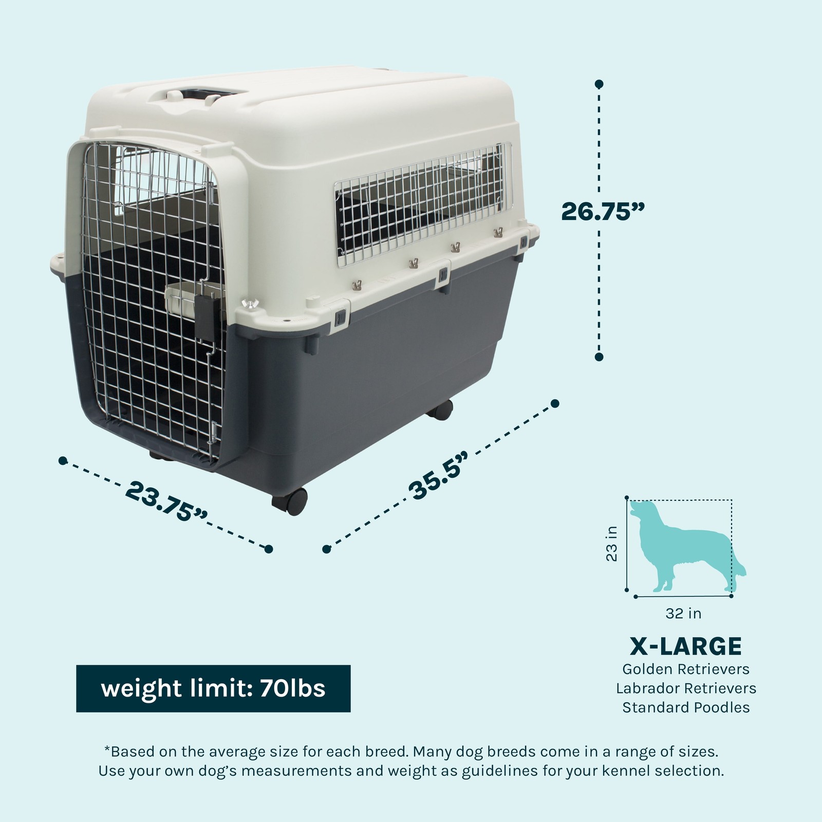 X-Large Dog Kennel Airline Approved Travel Pet Crate Wheels Heavy Duty Plastic