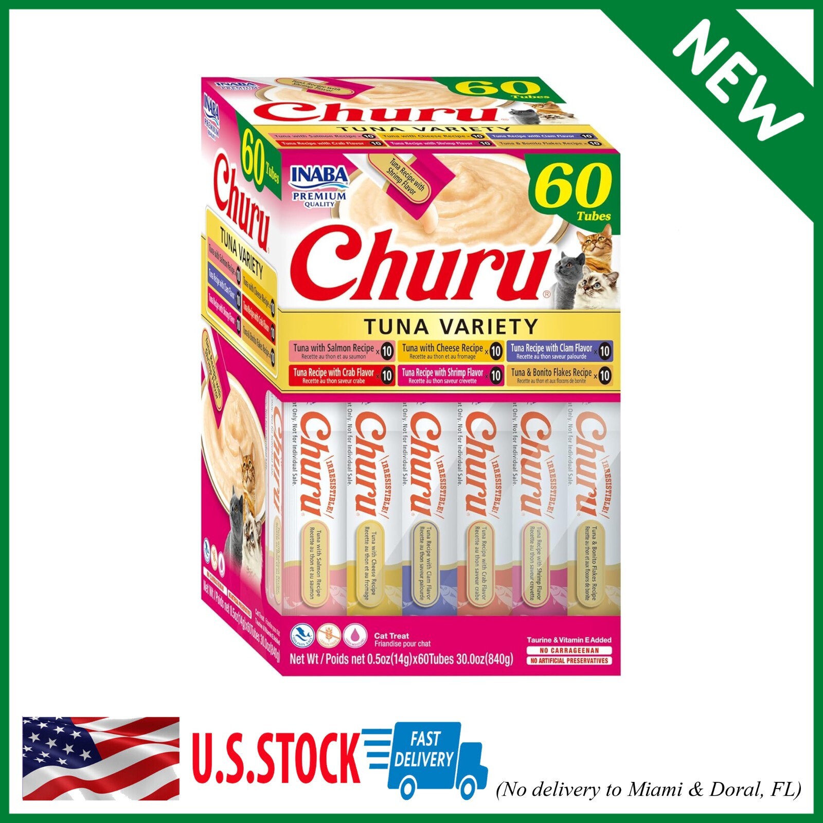 60 Tubes Churu Cat Treats, Grain-Free, 0.5 Ounces Each Tube, Tuna Variety Box