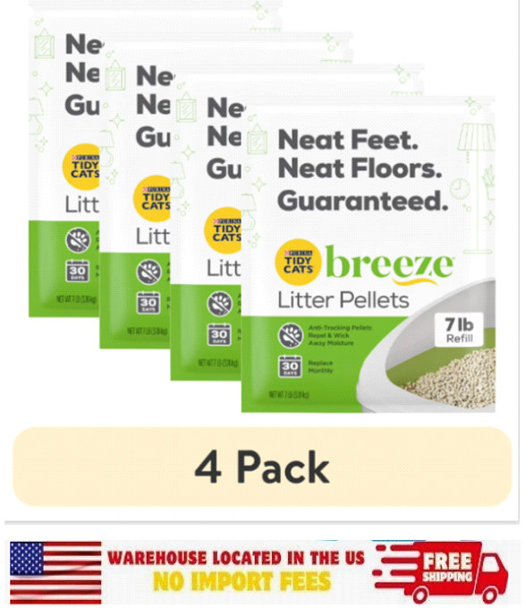 (4 Pack) Purina Tidy Cats Breeze Non-Clumping Pouch Cat Litter, Low Dust, 7 lb