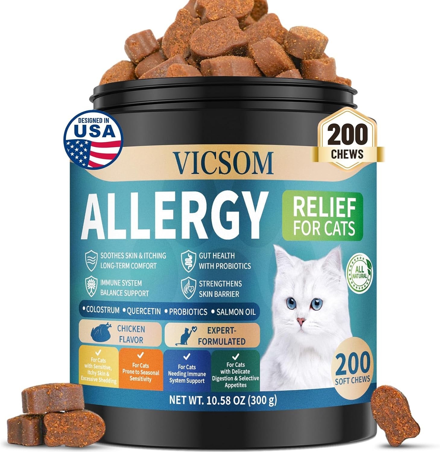 200 Natural Cat Allergy Relief Chews, Cat Itchy Skin Allergy Relief & Immune…