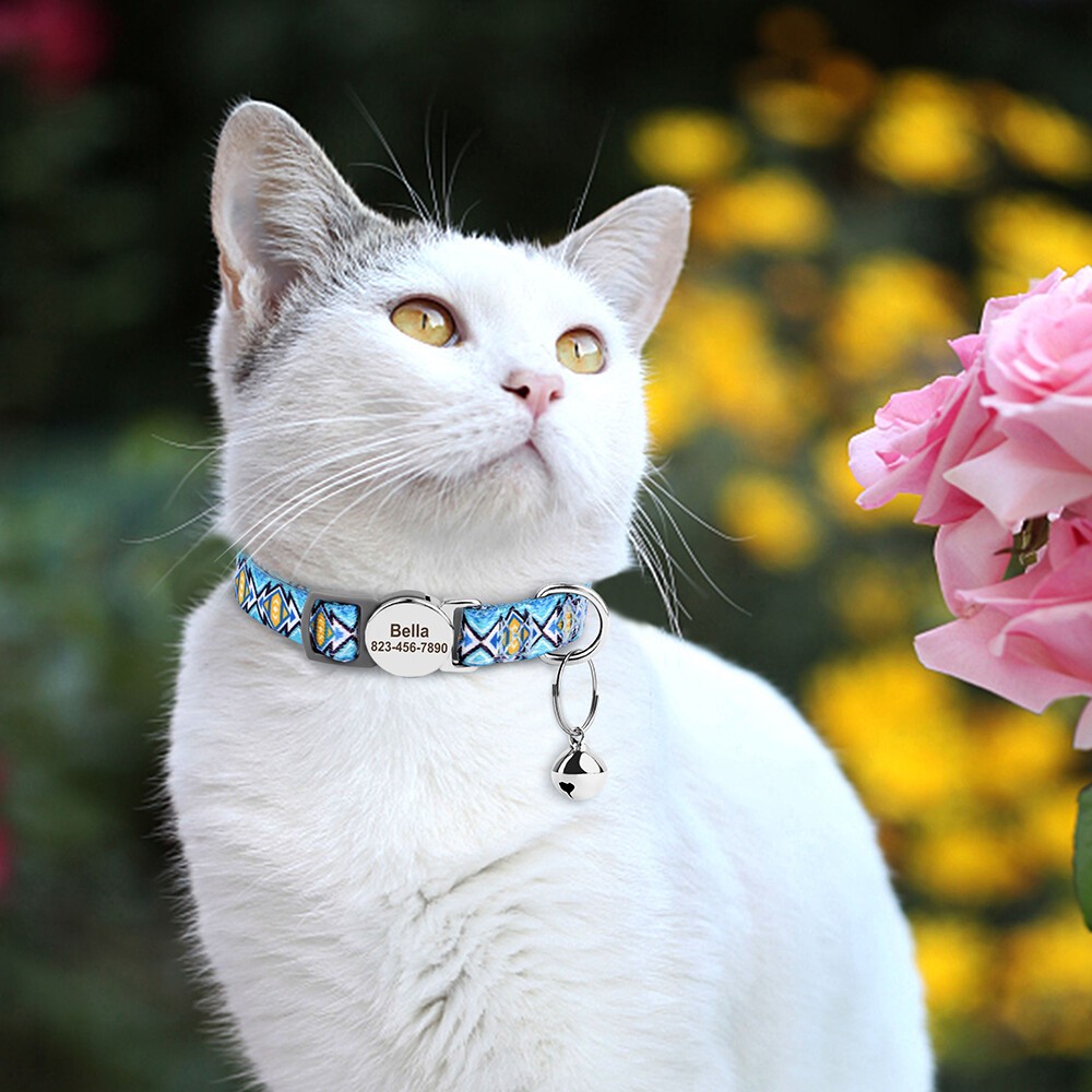 Breakaway Personalized Cat Collar & Bell Safety Buckle Custom Engraved Name ID