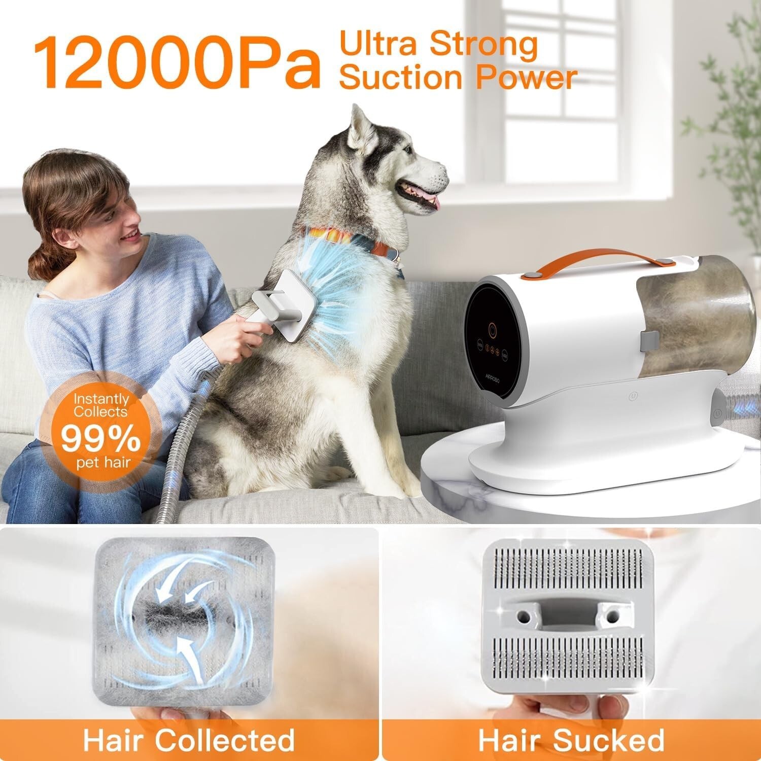 AIRROBO PG100 Pet Grooming Vacuum with 5 Grooming Tools, 12000Pa Suction Power
