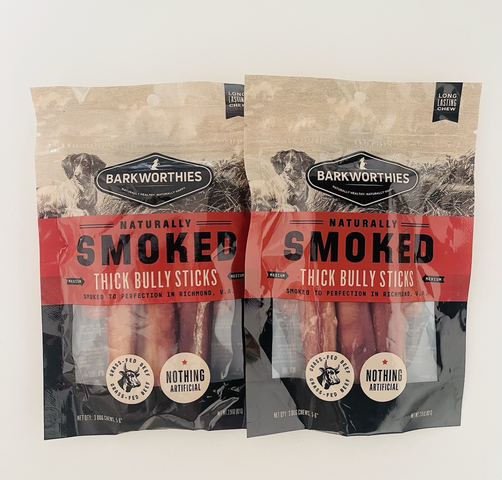 Barkworthies Naturally Smoked Thick Bully Sticks Dog Treat LOT OF 2