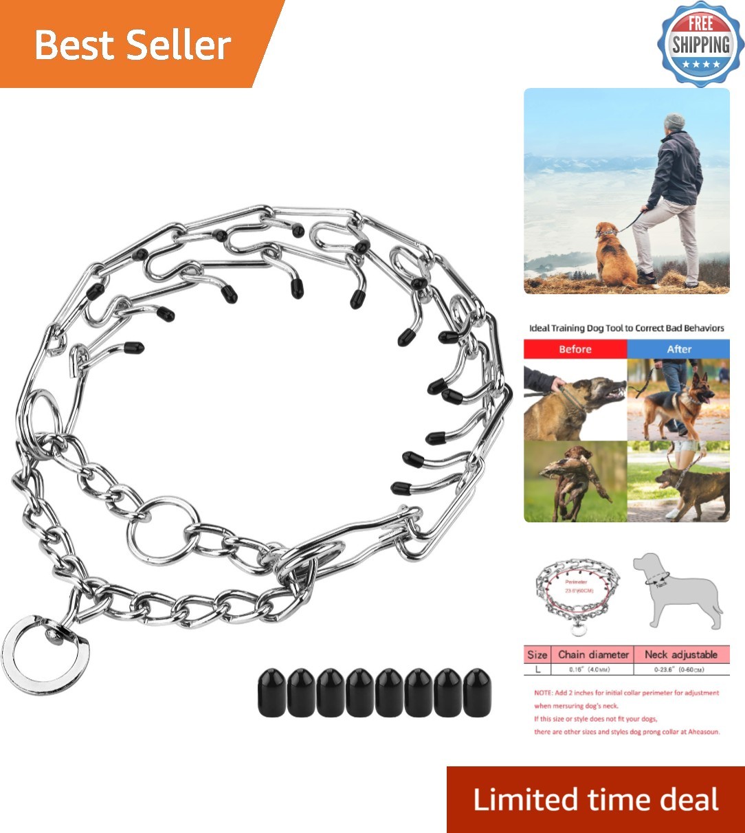Durable Dog Prong Training Collar with Rubber Tips – Fits Large & Small Breeds