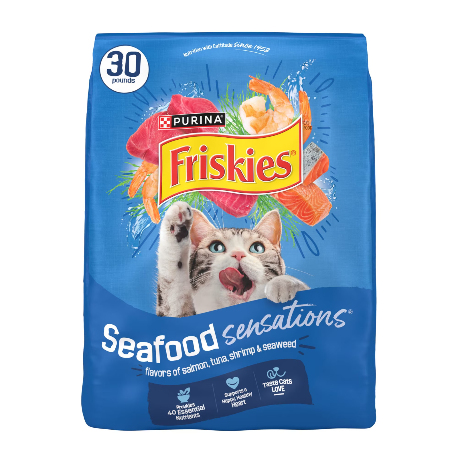 Purina Friskies Seafood Sensations Dry Cat Food Salmon Tuna Shrimp 30 lb Bag