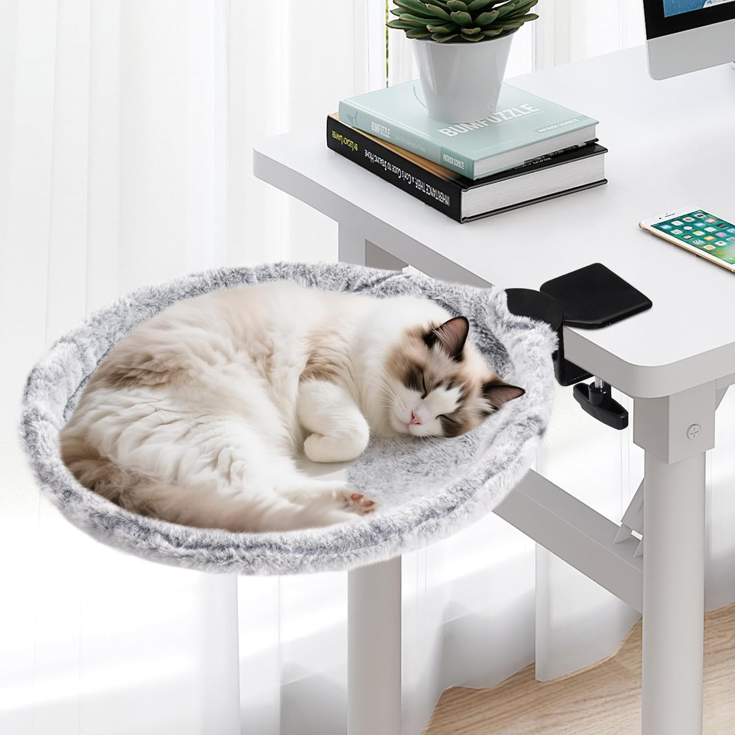 Cat Desk Bed – 180° Rotating Soft & Comfortable Rabbit Fur Bed, Modern Indoor Ca