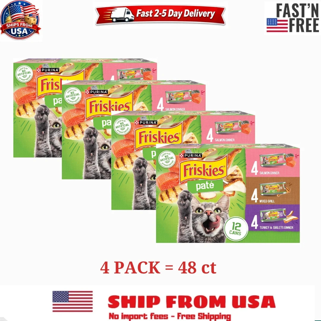 (4 PACK) Purina Friskies Pate Salmon,Mixed Grilled, Wet Cat Food, 5.5 oz 12 Can.