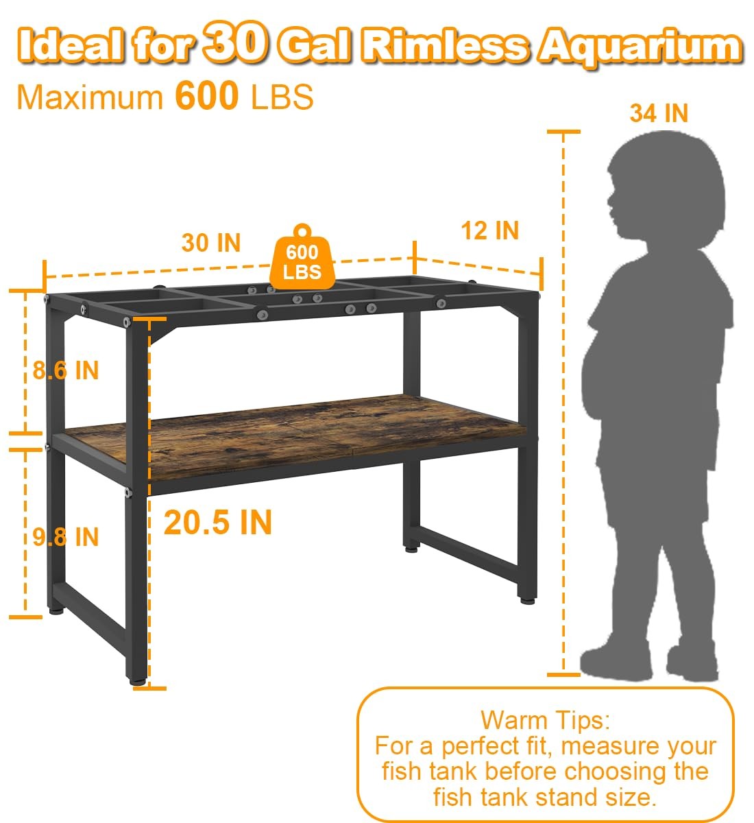 30 Gallon Rimless Fish Tank Stand with Shelf for Storage, 2 Tiers Metal Aquar…