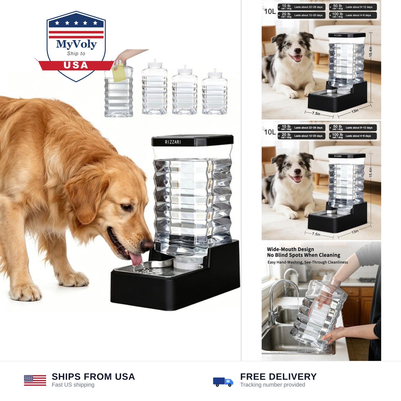 RIZZARI 10L Large Capacity Gravity Dog Water Dispenser | Multi-Day Water Stor…