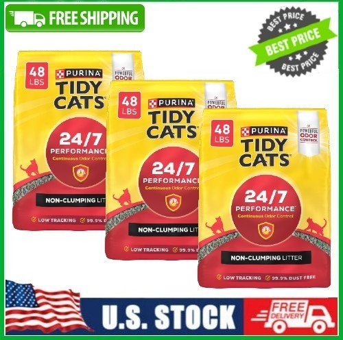 3 PACK Purina Tidy Cats Non-Clumping Cat Litter, 24/7 Odor Control, 48 lb Bag