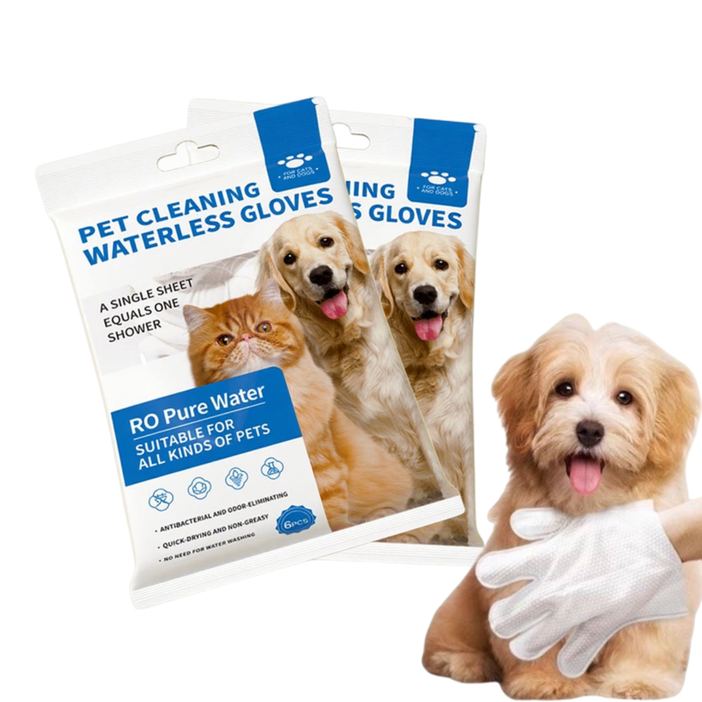 Thick Alcohol-Free Unscented Pet Wipes Gloves No-Rinse Dogs Cats 2 Bags 12pcs
