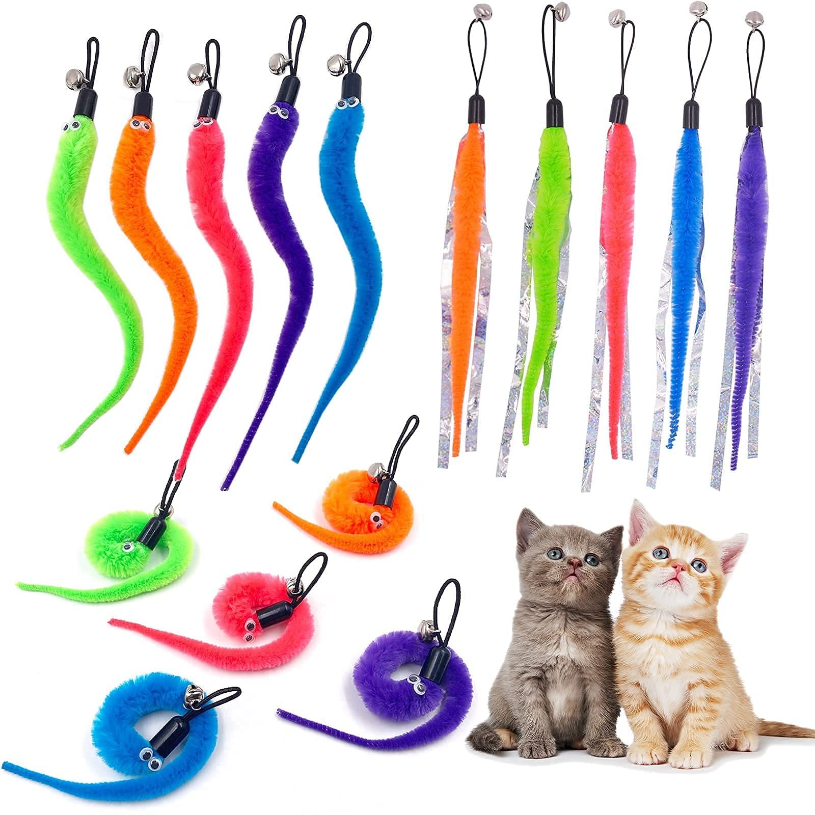 Cat Toy Worm Refills, 15 Pieces Interactive Cat Wand Attachments Worms Toy fo…