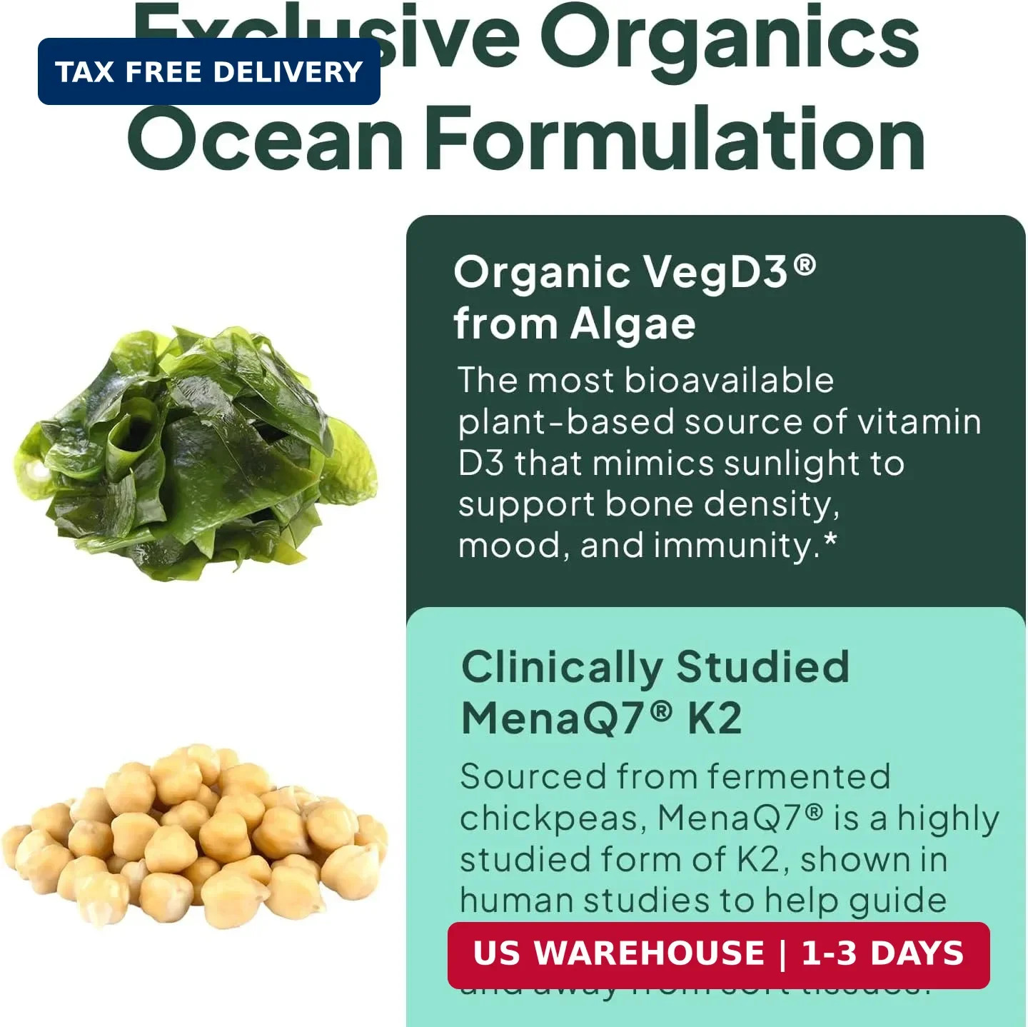 Organics Ocean Better D3 + K2-100% Organic VIT D3 and K2 Supplements with Maximu