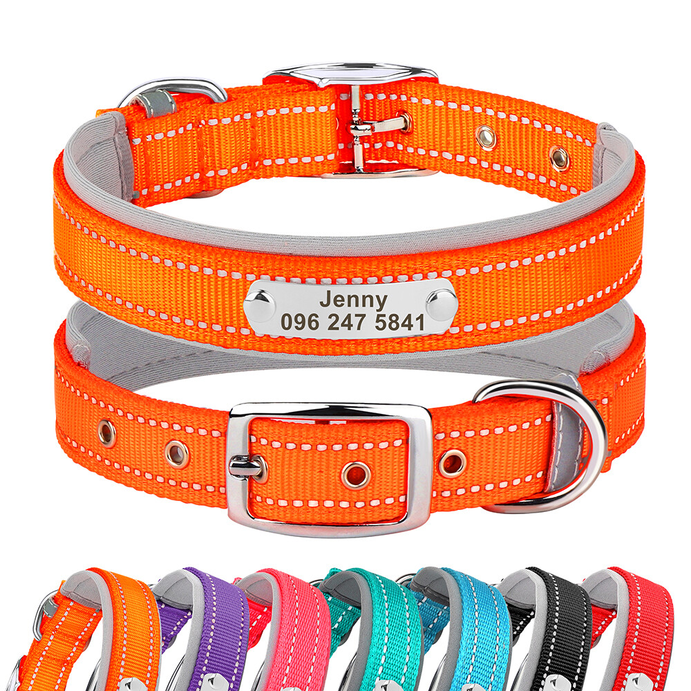 Reflective Nylon Personalized Dog Collar Custom Pet Name ID Tag Adjustable S-XL