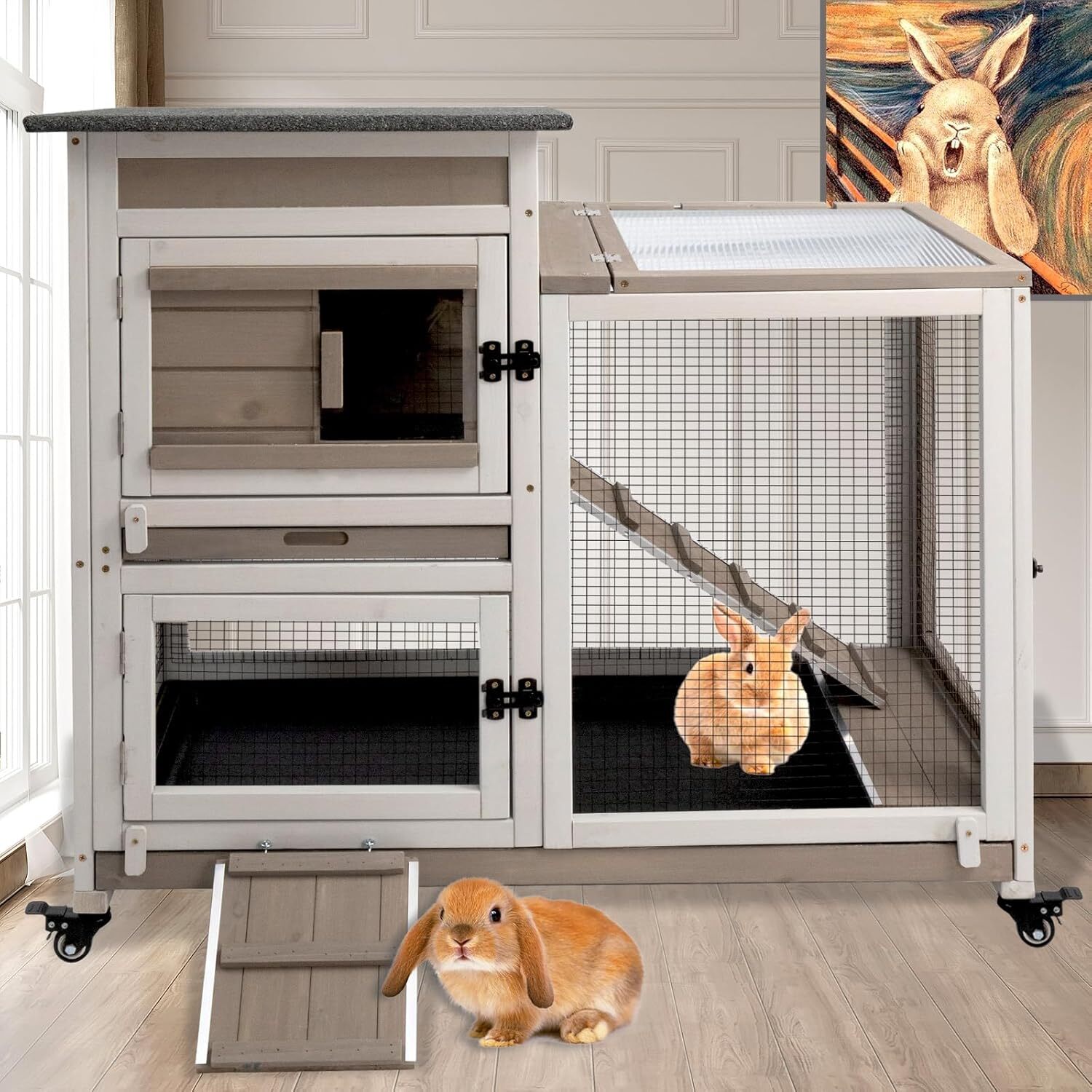 Petscosset Rabbit Hutch Indoor Large 2 Story Outdoor Wooden Bunny Hutch with Run