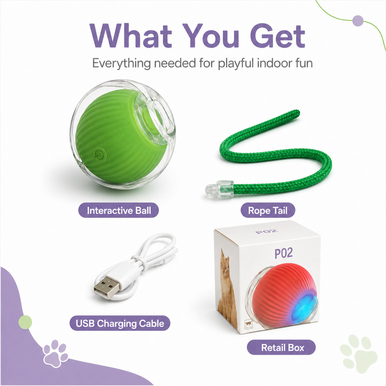 Smart Interactive Cat Toy Ball USB Rechargeable 3 Modes Rope Tail Gray Green