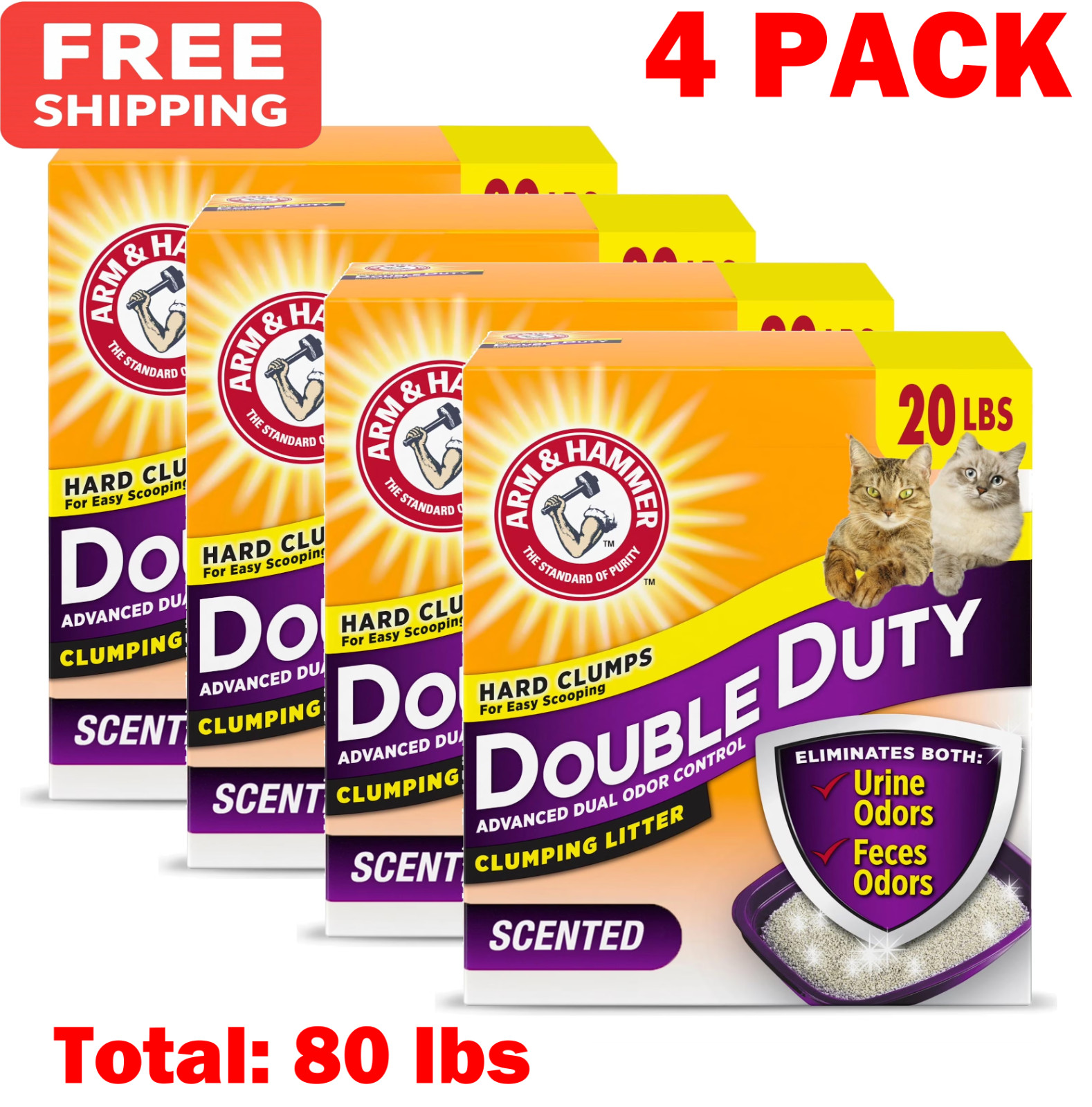 4 PACK – ARM & HAMMER Double Duty Clumping Cat Litter Fresh Scent, 20 lbs