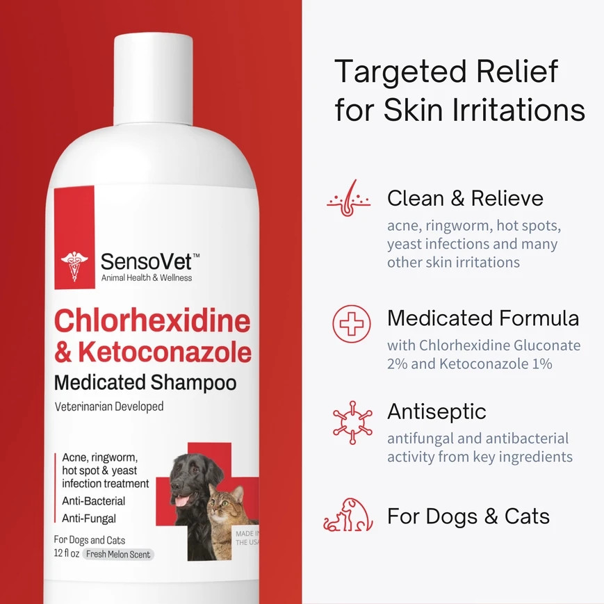 SensoVet Chlorhexidine Ketoconazole Shampoo for Dogs & Cats – 12oz