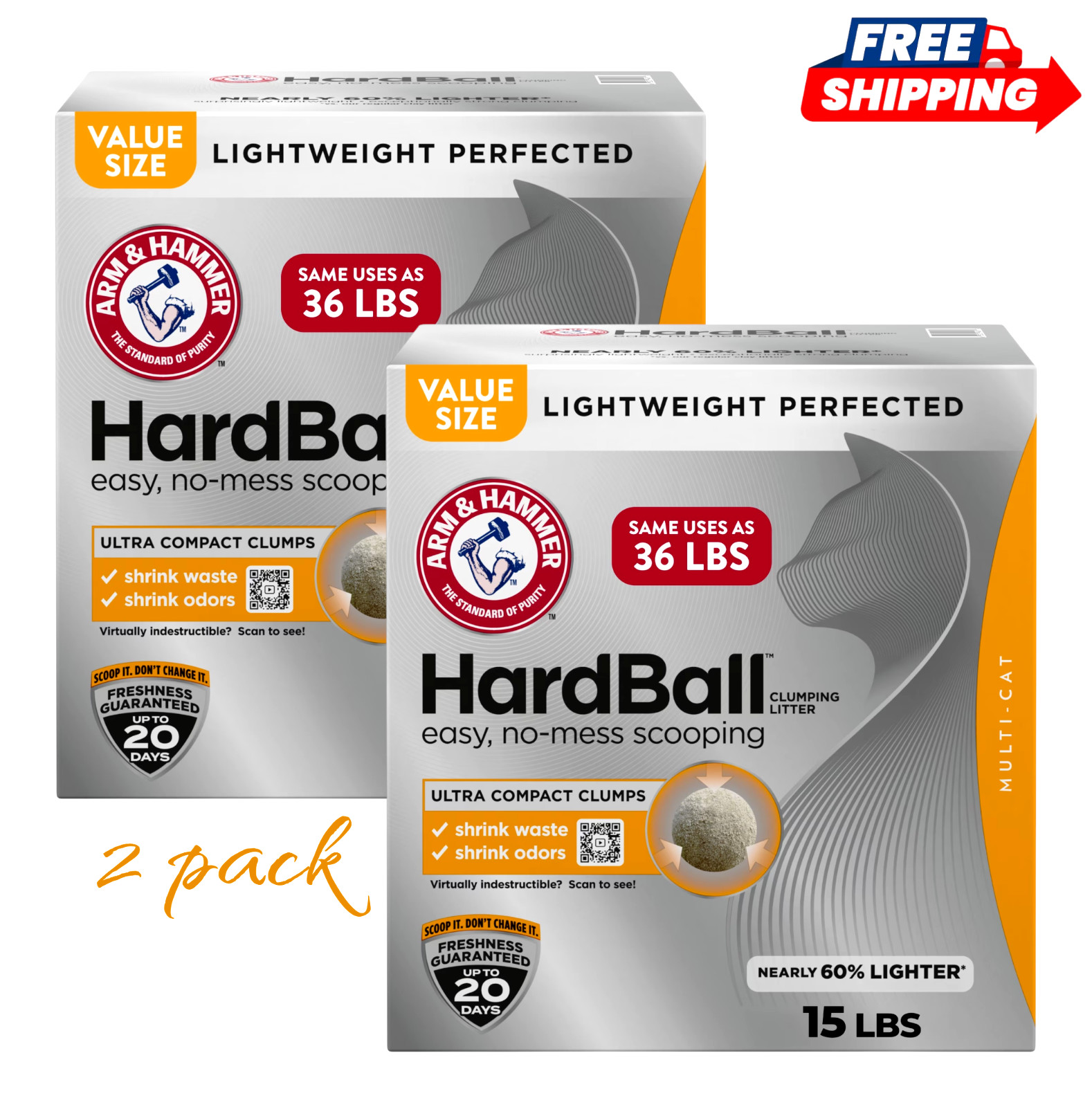 ARM & HAMMER HardBall Lightweight Clumping Cat Litter 15 lb Box 2 Pack