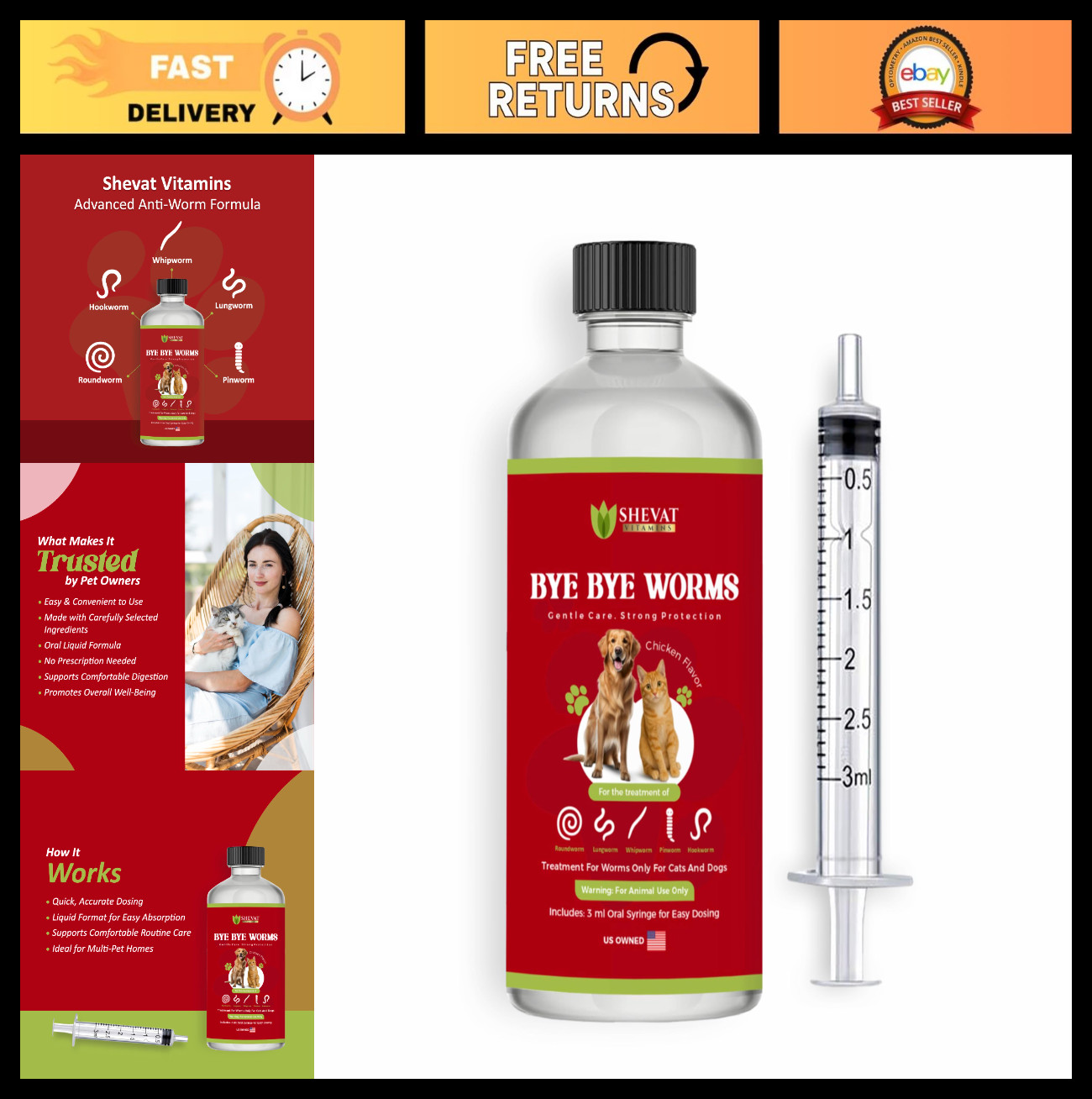 Advanced Dewormer for Cats & Dogs – Safe Liquid Worm Treatment, Chicken Flavor,