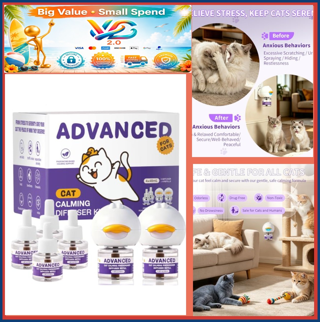 Cat Calming Diffuser Kit 2 Diffusers 4 Refills 30-Day Pheromone Anxiety Relief