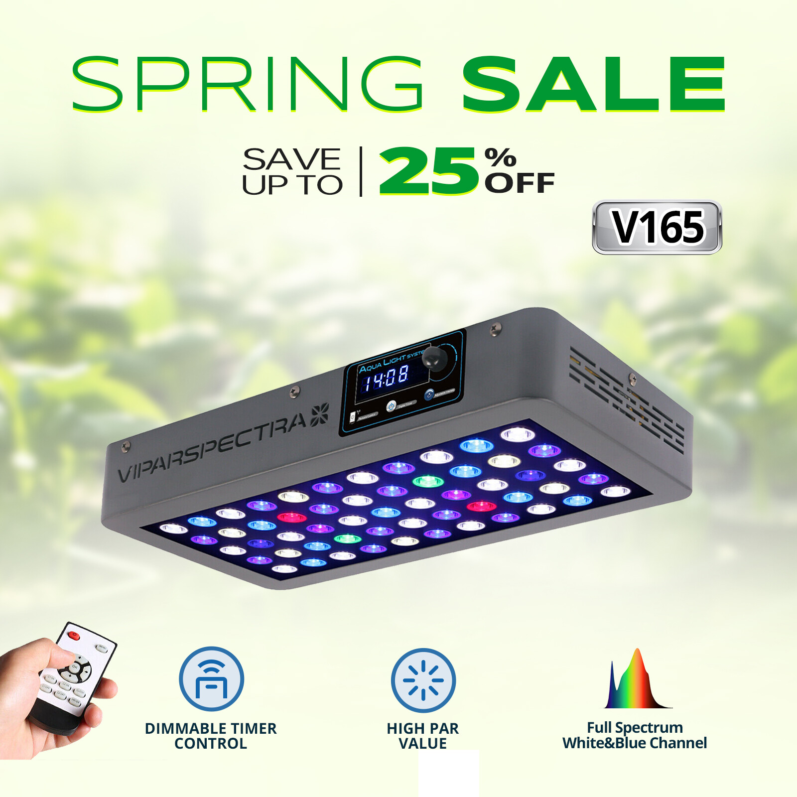 VIPARSPECTRA Timer Control 165W LED Aquarium Light Full Spectrum Reef Coral Tank