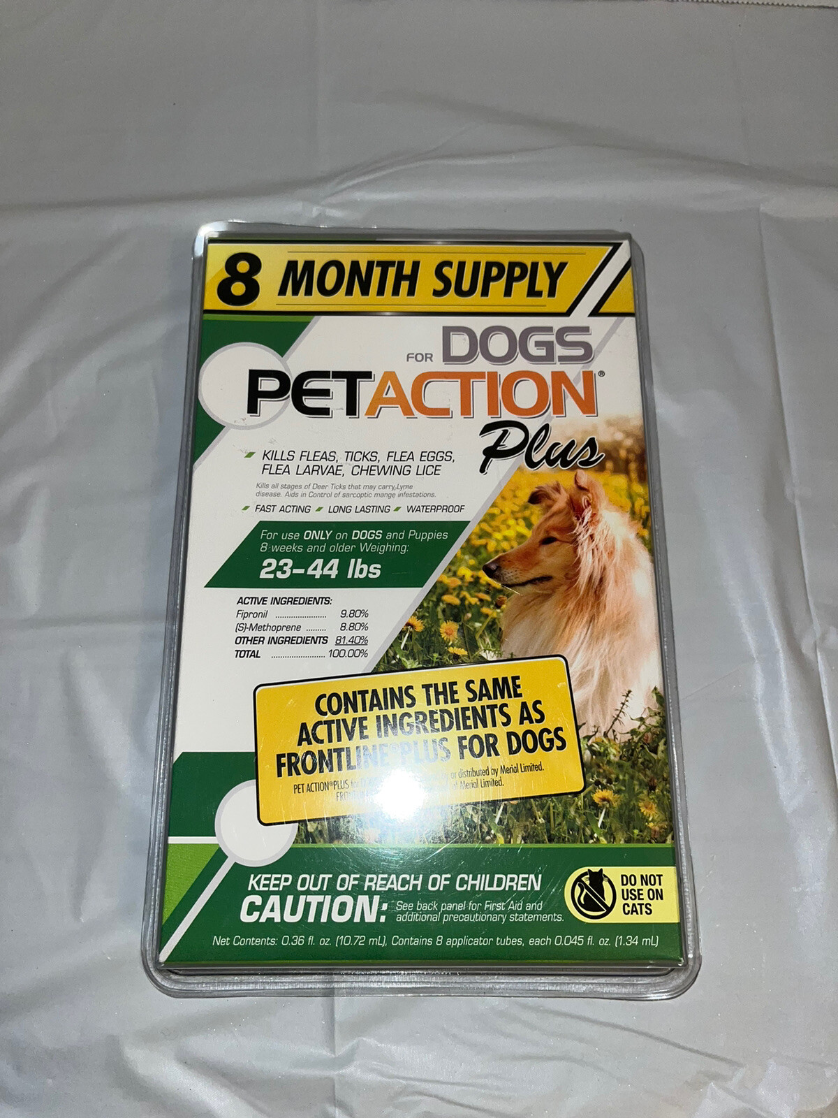New PetAction Plus For Dogs Size 23-44 Lbs. 8 Month Supply 8 Doses Flea & Tick