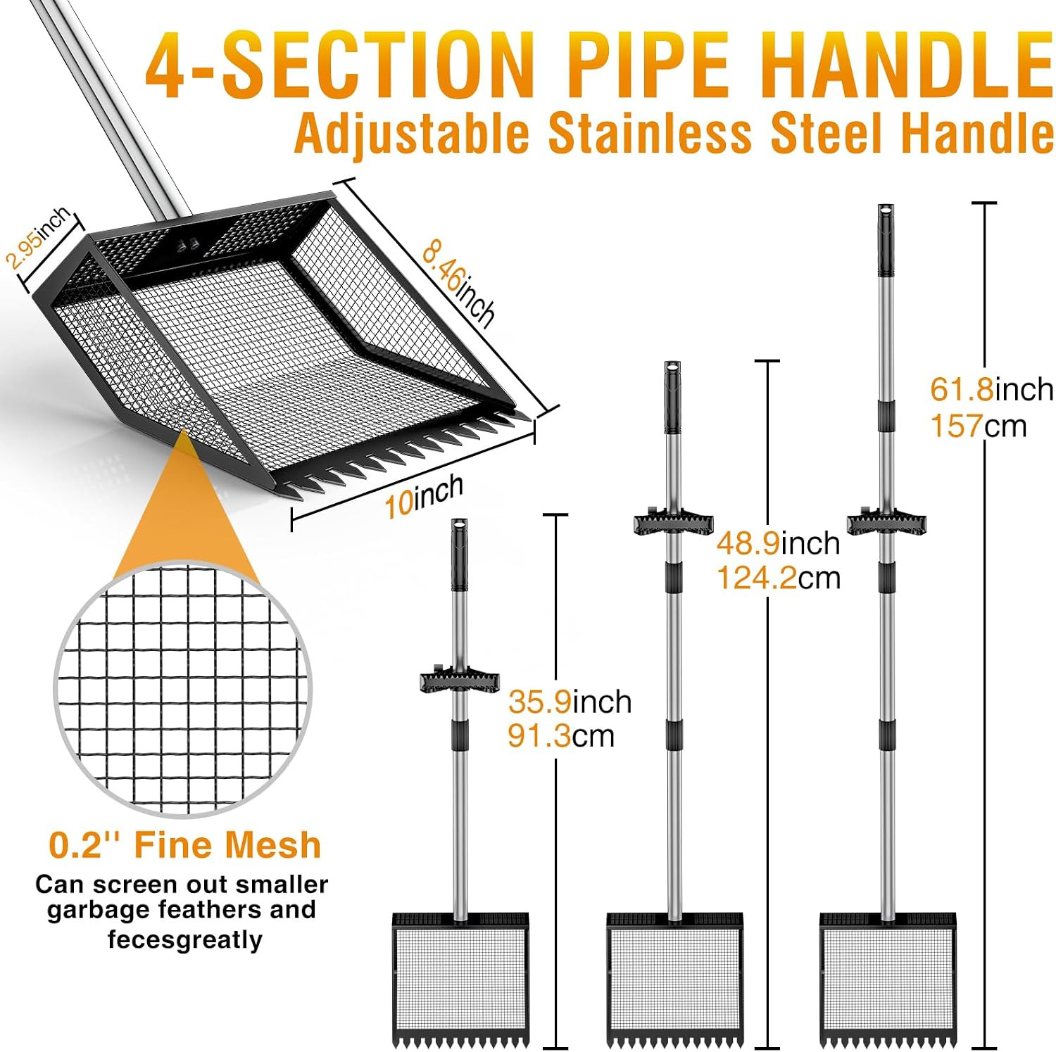 Large Chicken Poop Scooper: 2-In-1 Metal Pooper Scooper & Rake Adjustable 62″