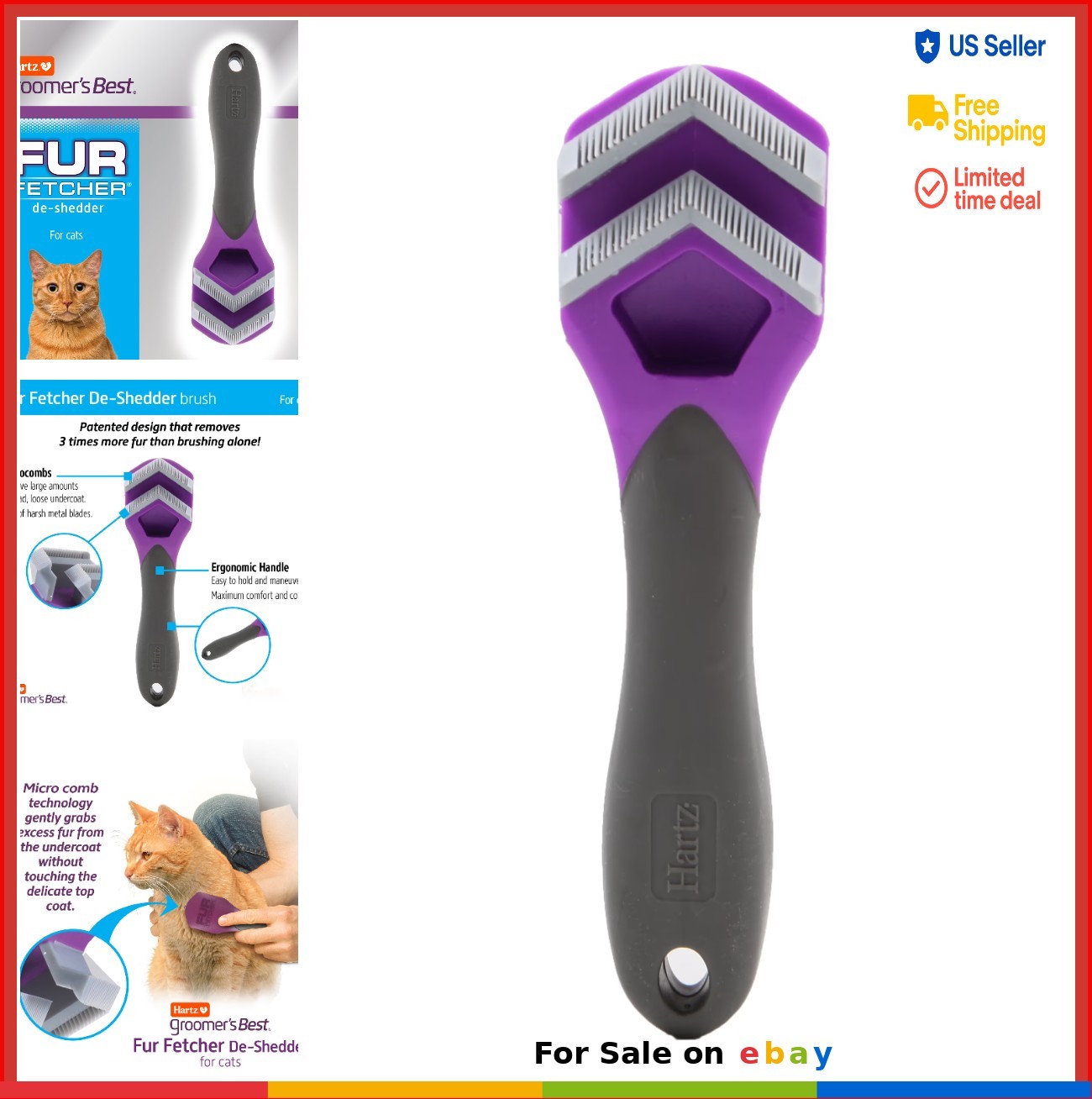 Cat De-Shedder Grooming Tool Ergonomic Handle Micro Combs Removes Loose Fur
